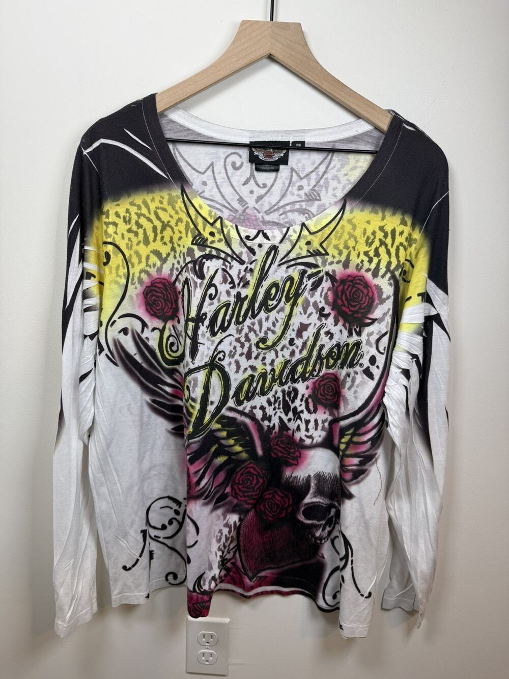 Harley-Davidson Women's Long Sleeve Graphic Tee in White, Black & Yellow